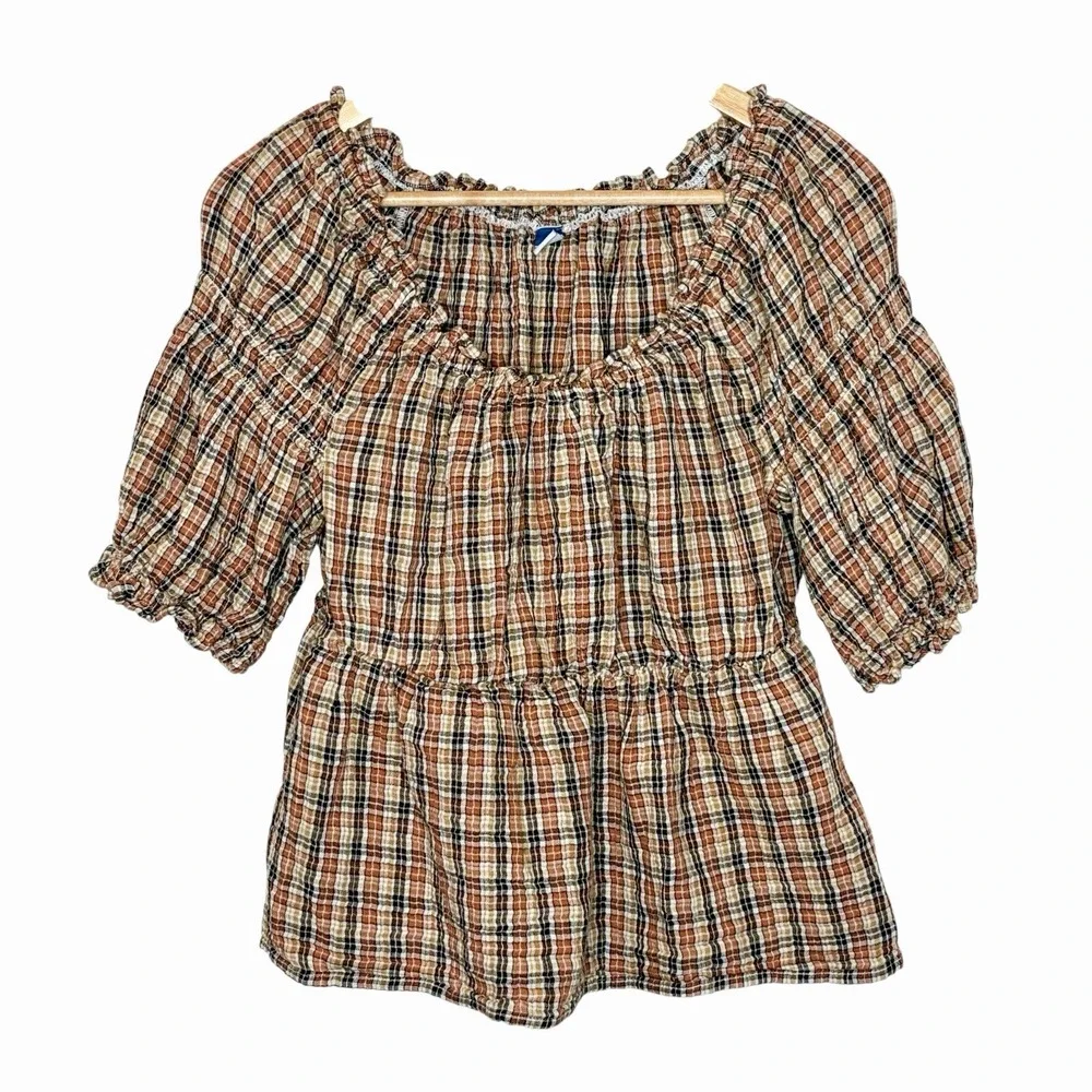 Old Navy Plaid Milkmaid Peasant Top Brown Womens M Academia Ruffled Preppy